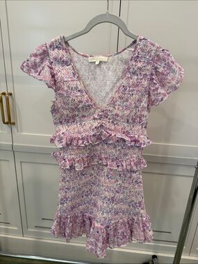 LoveShackFancy Pink Lavender Floral Smocked Ruffle Mini Dress